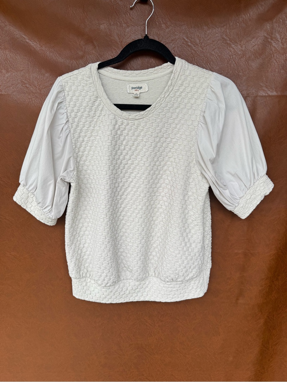 Porridge Clothing Womens S Ivory Textured Top Puff Sleeve Mixed Media Blouse